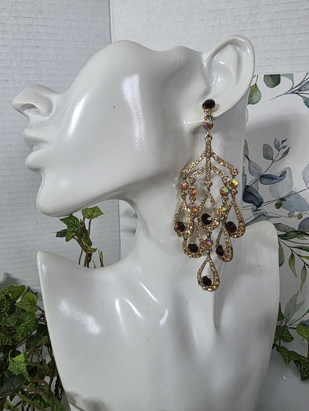 Gold AB Crystal Black Stone Chandelier Statement Earrings - Picture 8 of 9